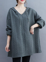 Drawstring Jacquard Solid Color Split-Joint Hooded Long Sleeves Hoodies Tops