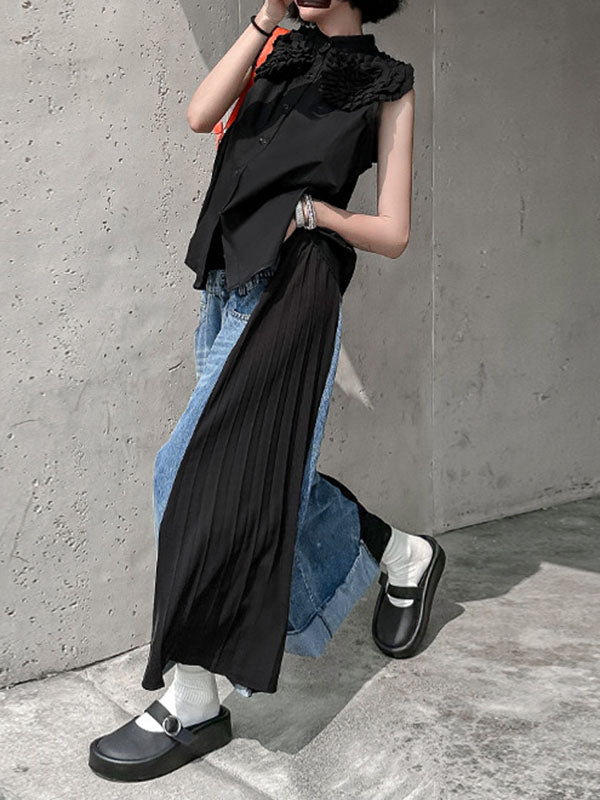 Contrast Color Pleated Split-Joint Loose Ninth Pants Wide Leg Jean Pants Bottoms