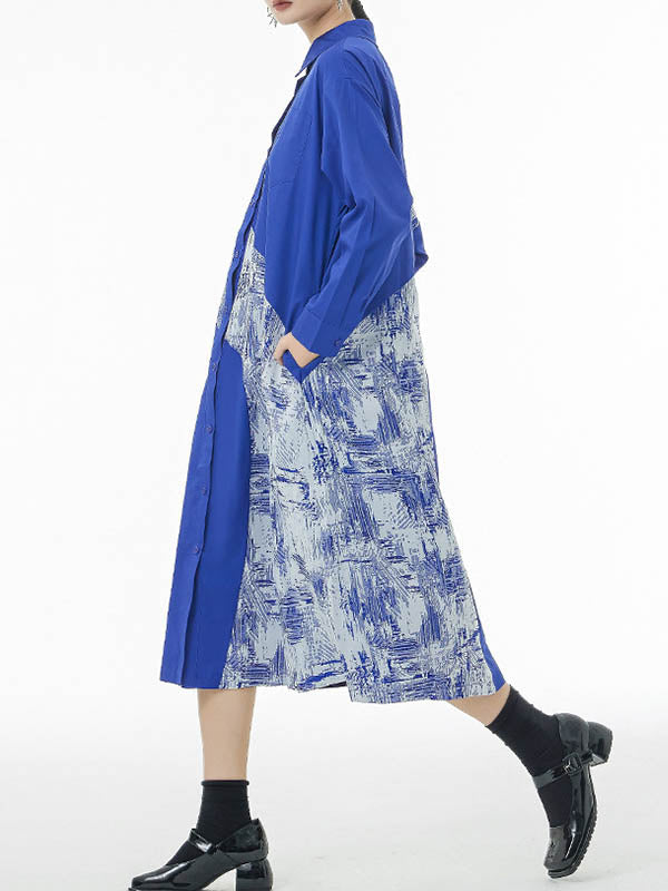 Asymmetric Buttoned Printed A-line Long Sleeves Lapel Shirt Dress Midi Dresses
