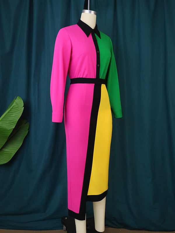Asymmetric Buttoned Contrast Color Split-back High Waisted Long Sleeves Lapel Midi Dresses