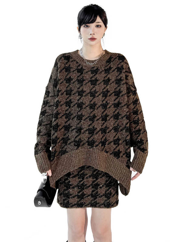 Contrast Color Split-joint Ribs Shiny Swallow Gird/Houndstooth Round-Neck Sweater Tops + A-Line Elasticated Waist Skirts Bottoms  Two Pieces Set