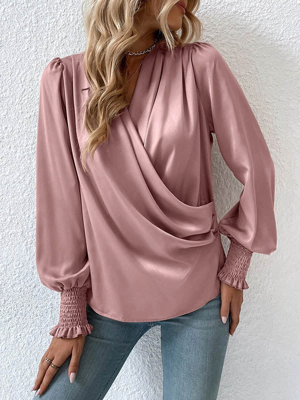 Elasticity Solid Color Long Sleeves Loose V-Neck Blouses&Shirts Tops