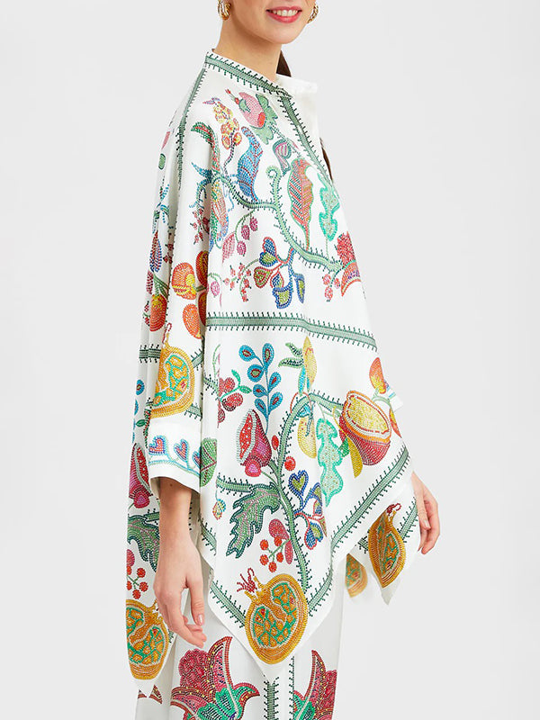 Buttoned Flower Print Batwing Sleeves High-Low Mock Neck Blouses&Shirts Tops