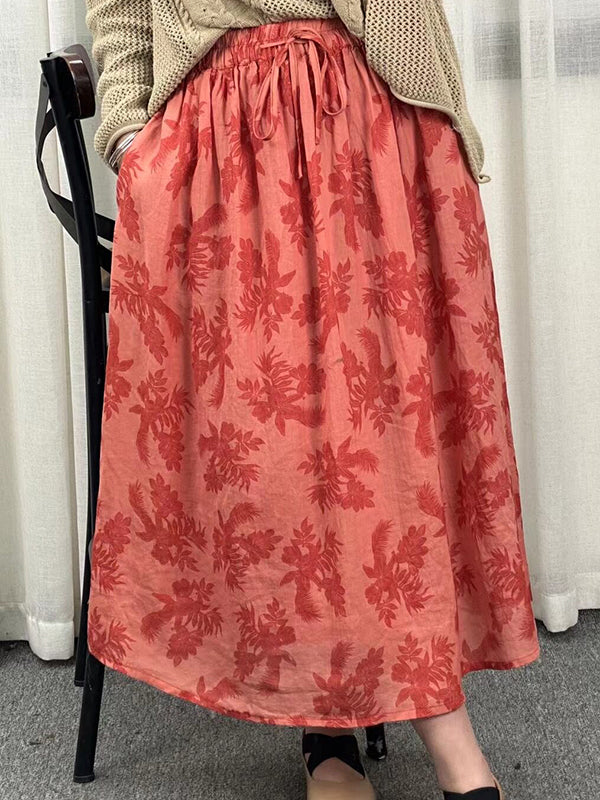 Drawstring Elasticity Floral Printed Loose Skirts