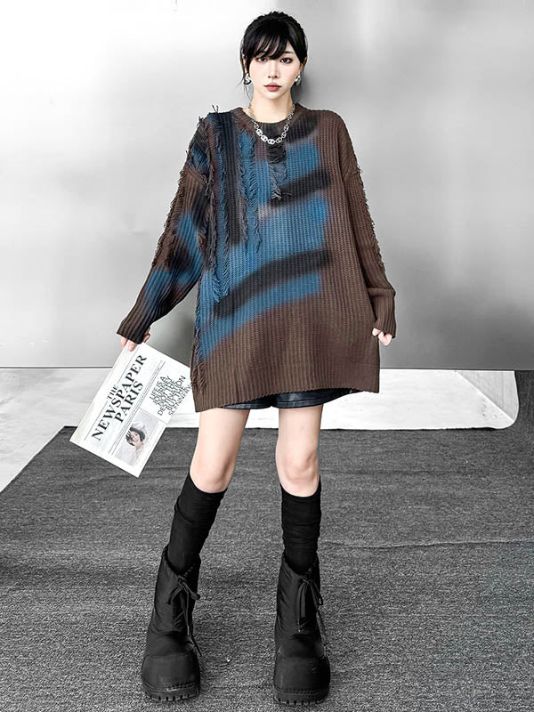 Abstract Printed Asymmetric Contrast Color Split-Joint Tasseled Irregularity Long Sleeves Round-Neck Sweater Tops