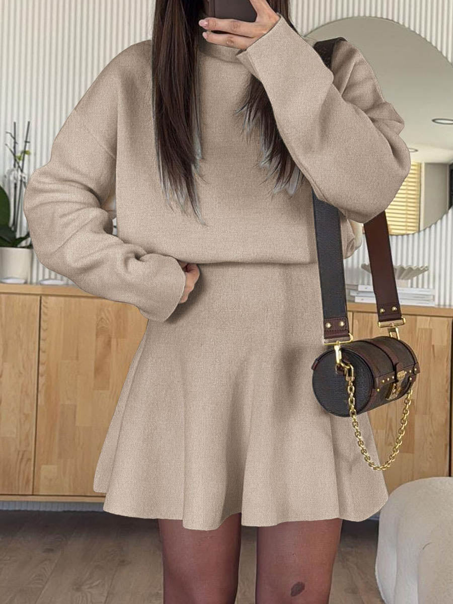 Elasticity Solid Color A-line High Waisted Round-neck Sweater Dresses Mini Dresses