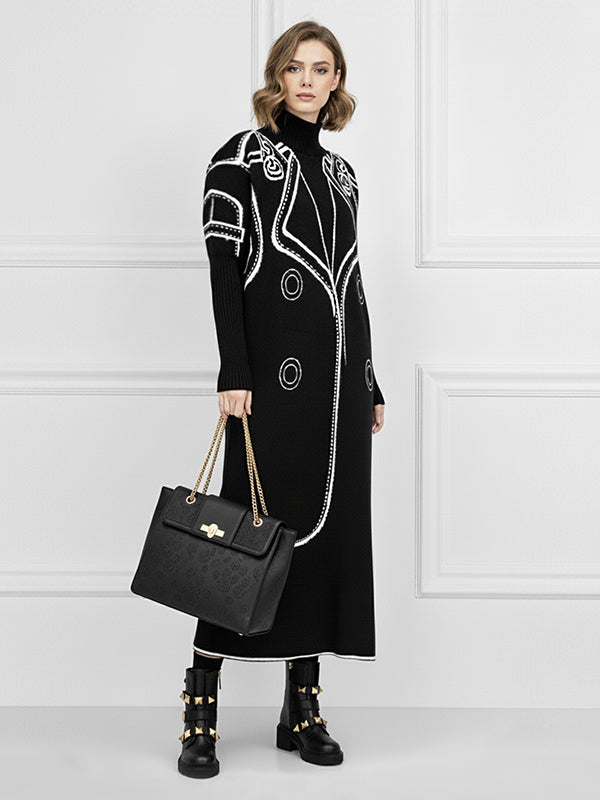 False Two Long Sleeves Print Half Turtleneck Midi Dresses Sweater Dresses