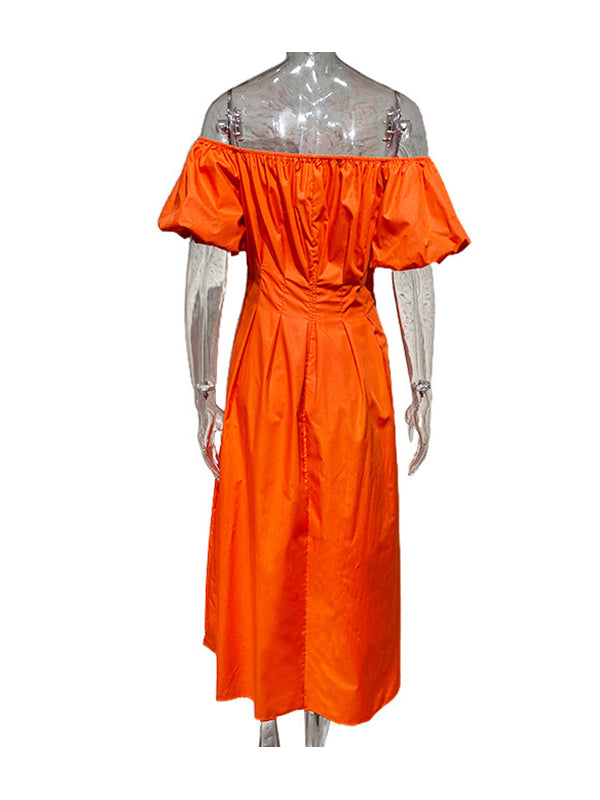 Elasticity Pleated Solid Color Split-Joint Loose Puff Sleeves Off-The-Shoulder Midi Dresses
