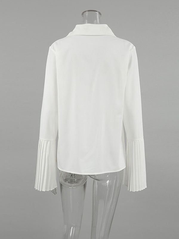 Buttoned Hollow Pleated Split-Joint Flared Sleeves Long Sleeves Lapel Blouses&Shirts Tops