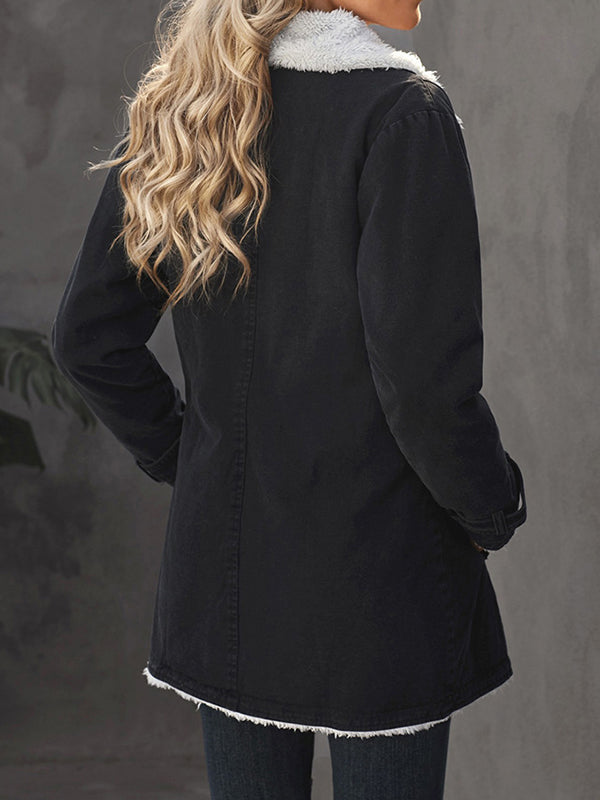 Buttoned Pockets Velvet Long Sleeves Loose Notched Collar Outerwear
