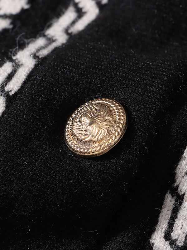 Long Sleeves Loose Contrast Color Houndstooth Split-Joint Round-Neck Cardigan Tops