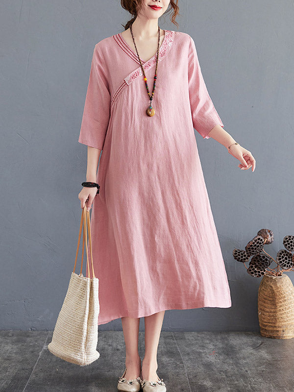Cotton Blend V-Neck Embroidered Midi Dress