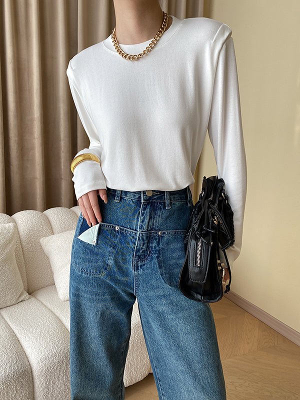 Solid Color Split-Joint Long Sleeves Round-Neck T-Shirts Tops
