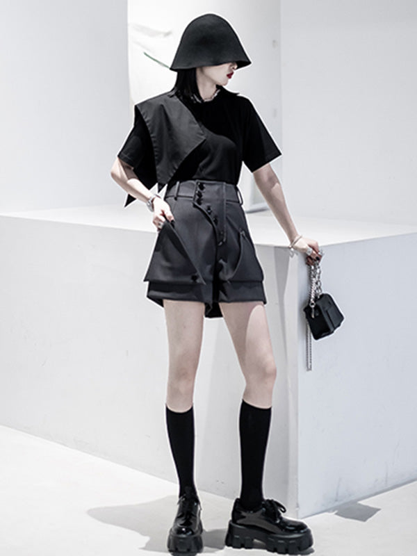 Urban Asymmetric Split-Front Solid Color Short Sleeves T-Shirt Top