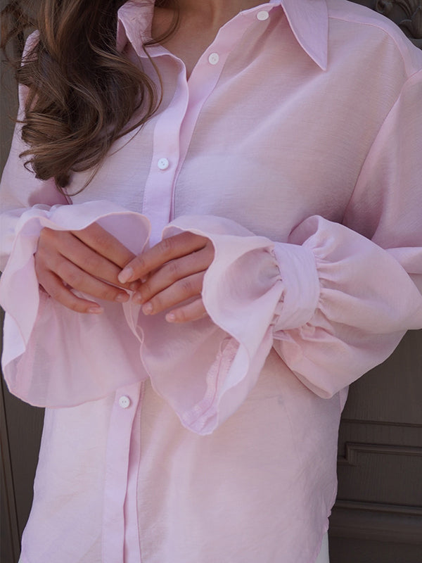 Pleated Solid Color Split-Joint Loose Puff Sleeves Lapel Blouses&shirts Tops