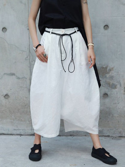 Loose White Linen Split-Side Harem Pants