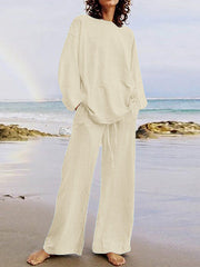 Solid Color Loose Round-neck Long Sleeves Shirts Top + Drawstring Pants Bottom Two Pieces Set