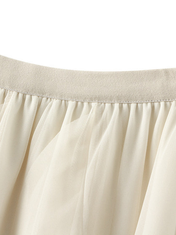 Elasticity Gauze Pleated Solid Color Split-Joint A-Line Loose Skirts