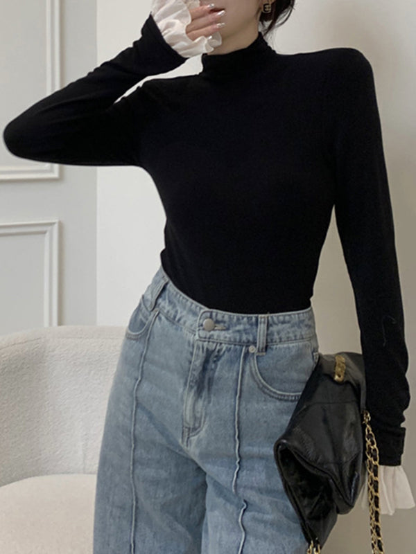Pleated Split-Joint Long Sleeves Skinny High Neck T-Shirts