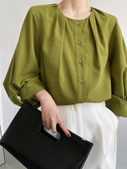 Pleated See-Through Solid Color Split-Joint High-Low Loose Round-Neck Blouses