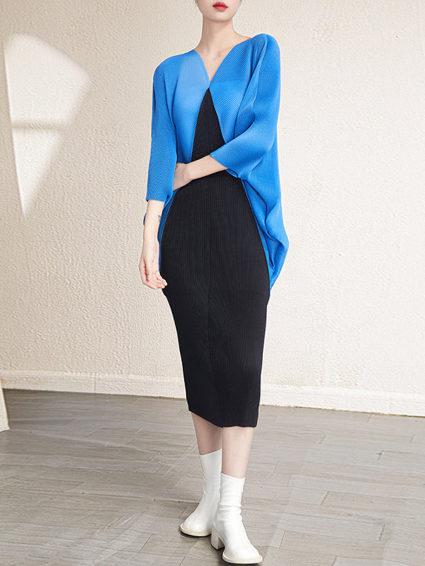 Urban Batwing Sleeves Contrast Color Pleated V-Neck Midi Dresses