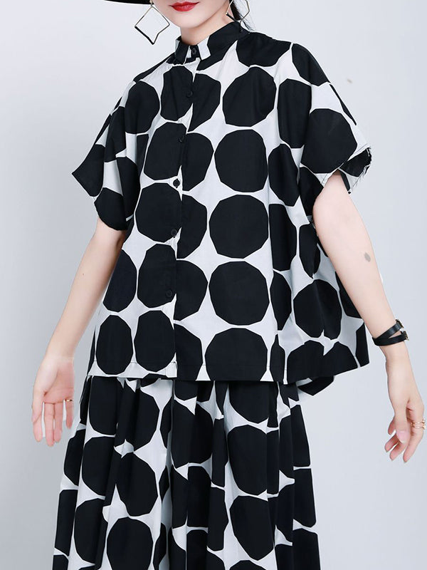 Mock Neck Buttoned Pockets Polka-Dot Blouses Top + A-Line High Waisted Skirts Bottom Two Pieces Set