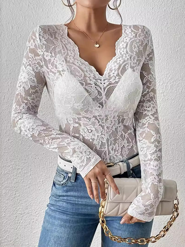Lacy See-Through Solid Color Long Sleeves Skinny V-Neck T-Shirts