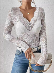 Lacy See-Through Solid Color Long Sleeves Skinny V-Neck T-Shirts