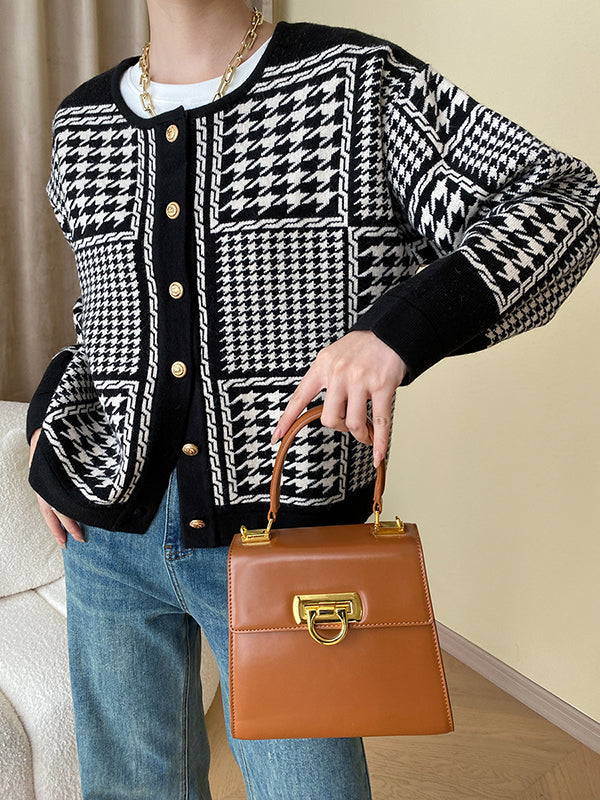 Long Sleeves Loose Contrast Color Houndstooth Split-Joint Round-Neck Cardigan Tops