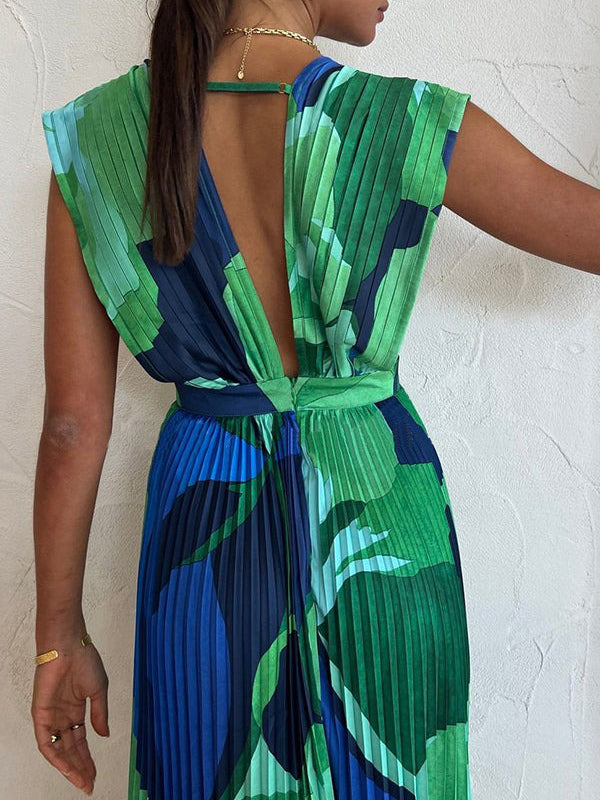 Pleated Printed Split-Joint Loose Sleeveless Deep V-Neck Maxi Dresses Evening Dresses