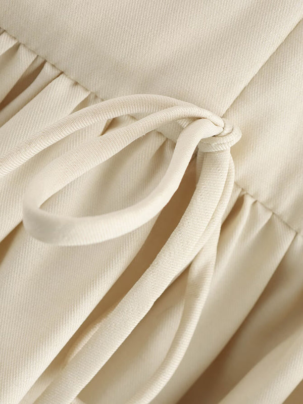 Pleated Solid Color Split-Joint Zipper A-Line Loose Round-Neck Mini Dresses