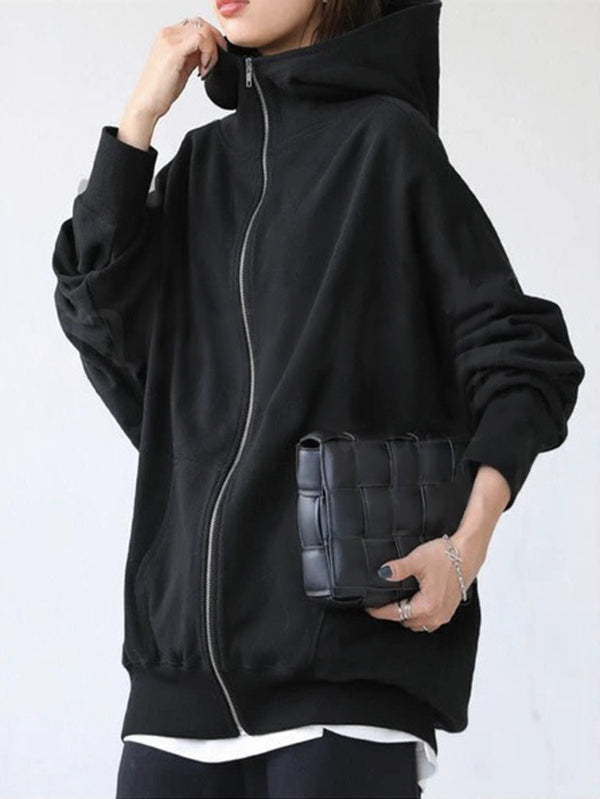 Solid Color Zipper Hooded Long Sleeves High-neck Outerwear Jackets