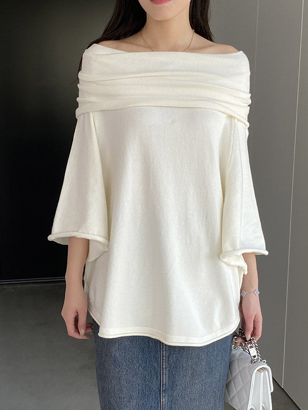 Solid Color Batwing Sleeves Flared Sleeves Off-the-shoulder Knit Top