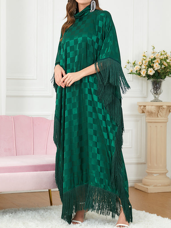 Plaid Ribbon Tasseled A-Line Batwing Sleeves Maxi Dresses