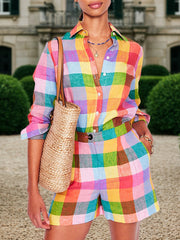 Long Sleeves Loose Rainbow Plaid Split-Joint Lapel Blouses&Shirts Tops