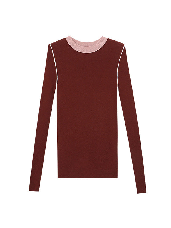Contrast Color Split-Joint Long Sleeves Skinny Round-Neck Sweater Tops Pullovers