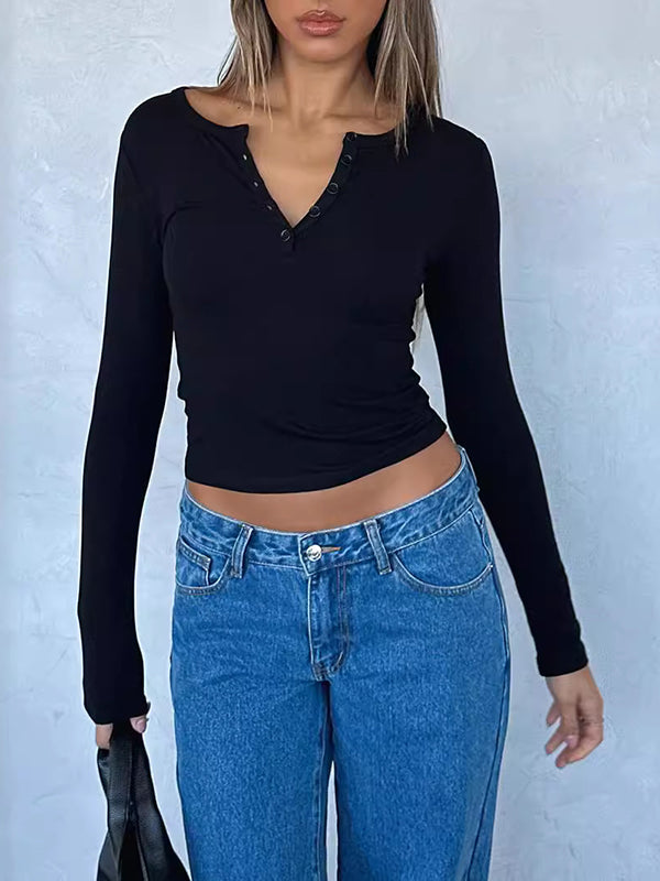 Solid Color Split-Joint Long Sleeves Skinny V-Neck T-Shirts