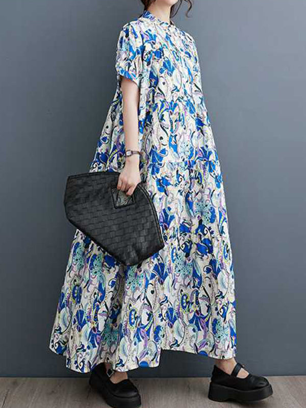 Printed Split-Joint A-Line Loose Stand Collar Midi Dresses