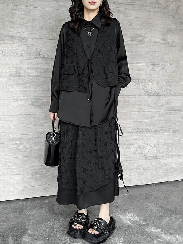 Solid Color Split-Joint Asymmetric Drawstring Flower Print   False Two Lapel Buttoned Pockets Blouses&Shirts Tops + Elasticated Waist Double Layered Skirts Bottoms Two Pieces Set
