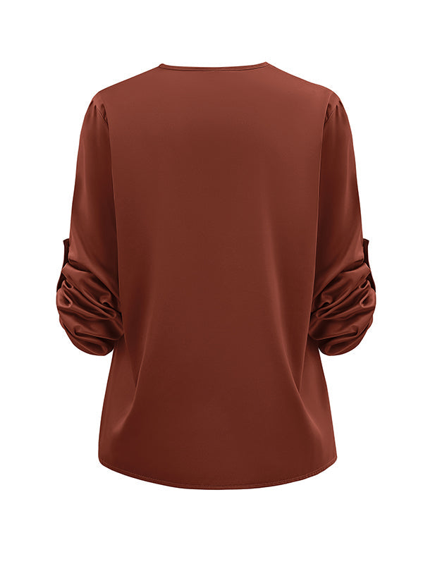 Elasticity Solid Color Long Sleeves Loose V-neck Blouses&shirts Tops