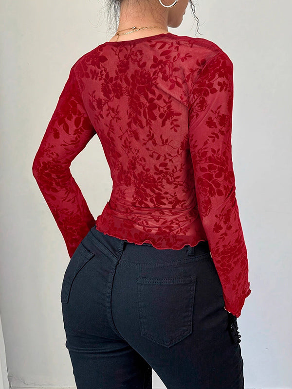 Solid Color Flared Sleeves Long Sleeves Deep V-Neck T-Shirts