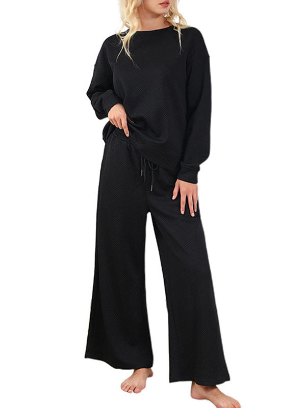 Round-Neck Long Sleeves Loose Solid Color Shirts Top + Drawstring Pants Bottom Two Pieces Set