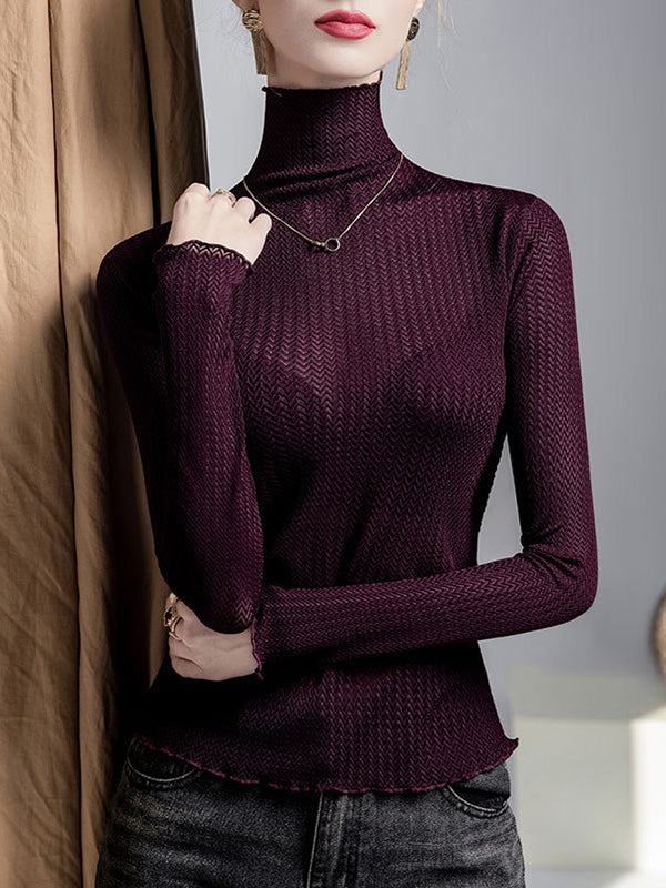 Mesh See-Through Slightly Sheer Split-Joint Long Sleeves Plus Size High Neck T-Shirts