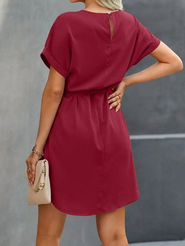 Solid Color Tied Waist Loose Short Sleeves Round-Neck Mini Dresses