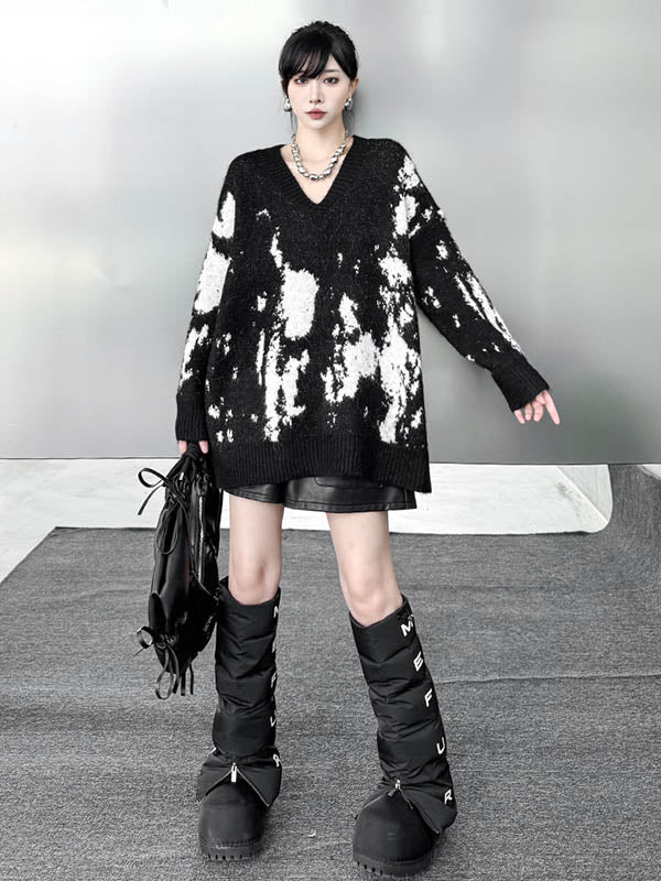 Abstract Printed Contrast Color Ribs Split-Joint Long Sleeves Loose V-Neck Sweater Tops