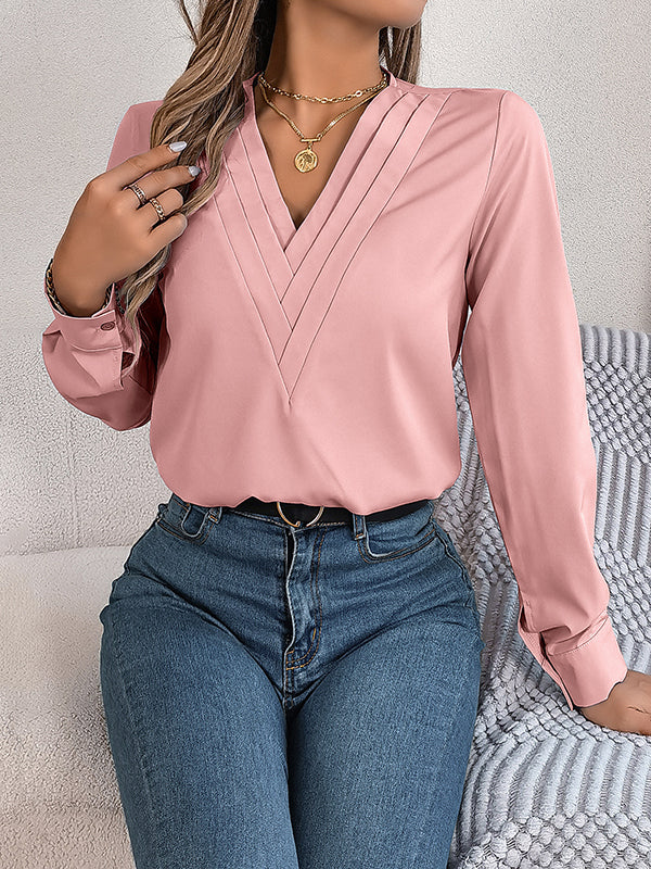 Pleated Solid Color Split-Joint Long Sleeves Loose V-Neck T-Shirts Tops