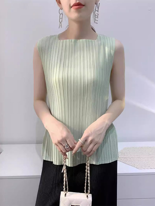 Pleated Solid Color Split-Joint Loose Sleeveless Square-Neck Vest Top