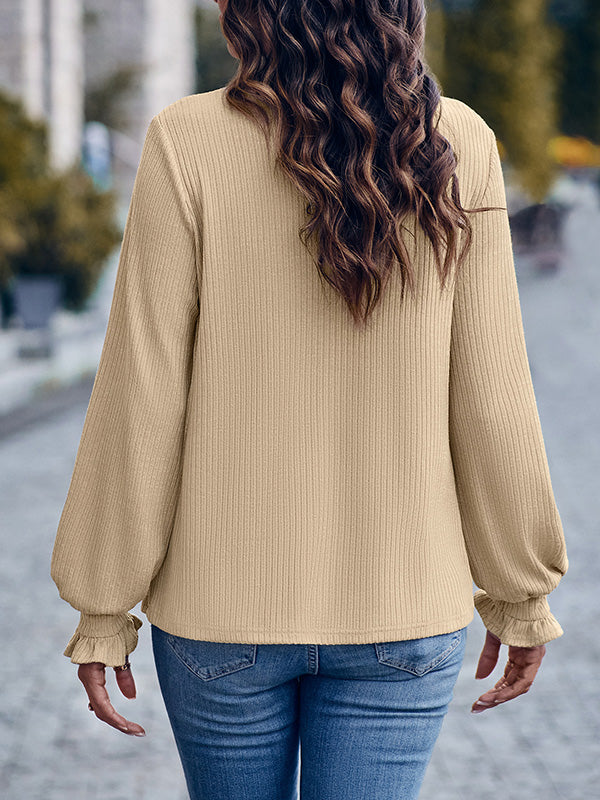 Elasticity Ruffled Solid Color Long Sleeves Loose Round-Neck T-Shirts Tops