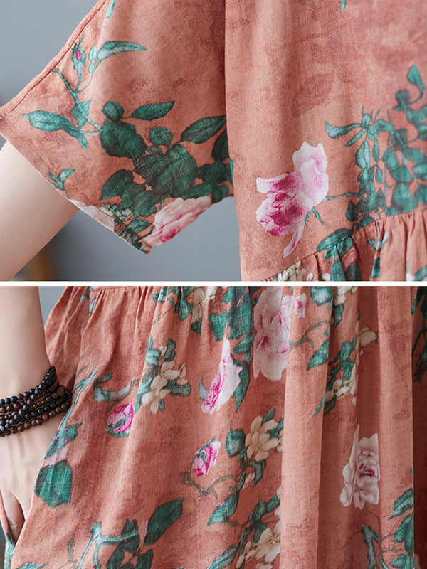 Artistic Retro Loose Original Floral Printed Pleated Midi Dress