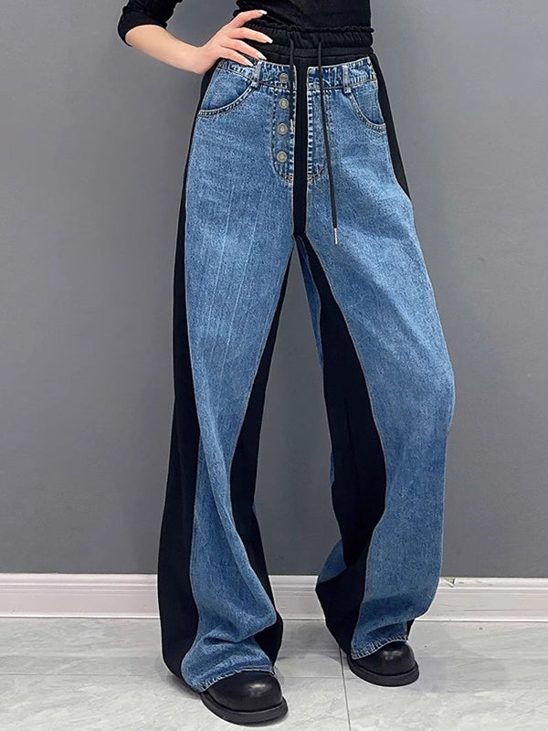 Buttoned Contrast Color Drawstring Elasticity Split-Joint Loose Straight Leg Trousers Pants